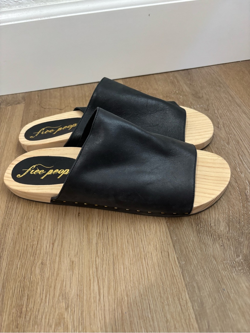 Free People Black Slide Sandals with Wood-Effect Sole